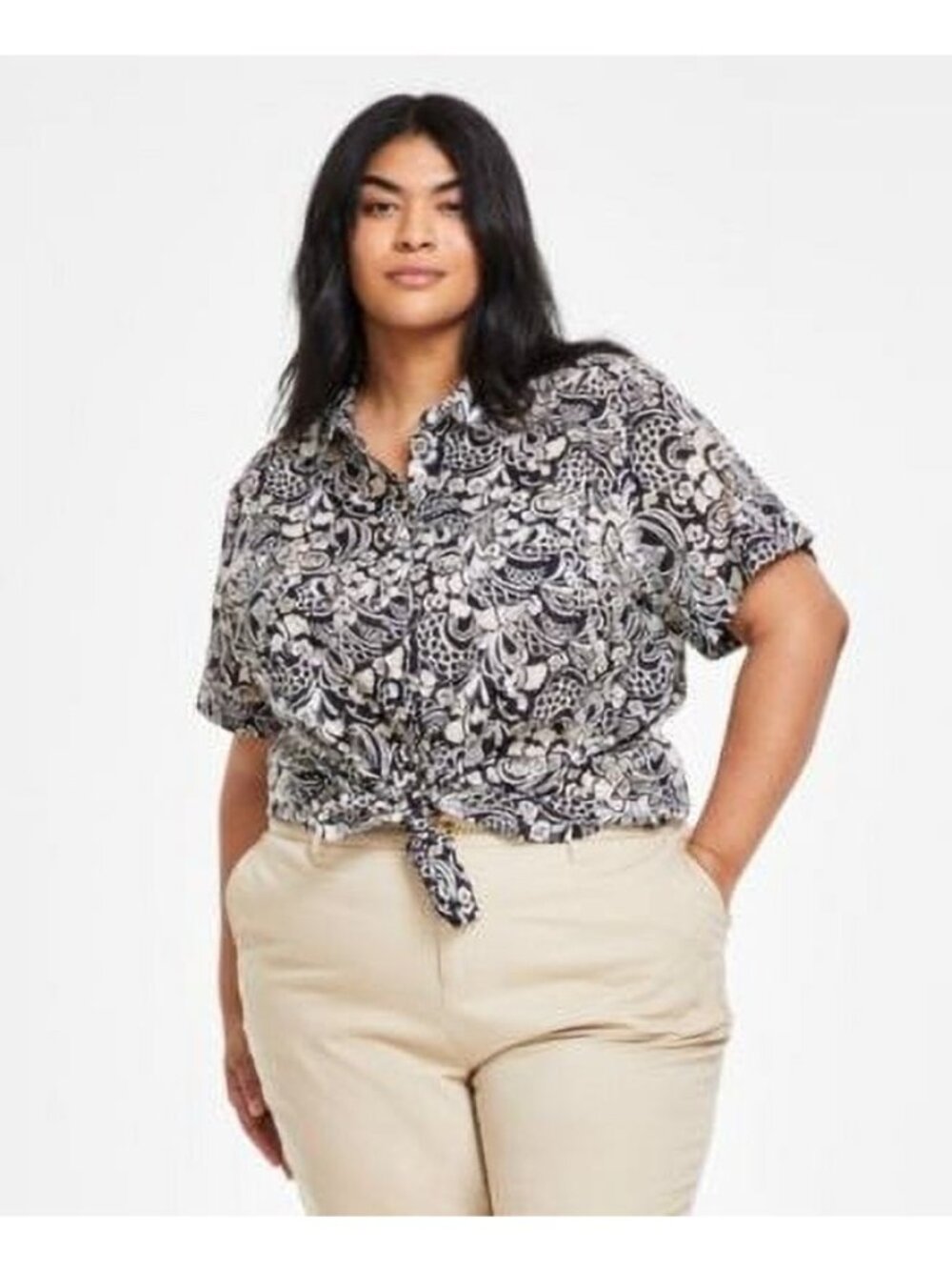 Tommy Hilfiger Plus Size 3X Cotton Cuffed-Sleeve Sky Captain Beige Black $70